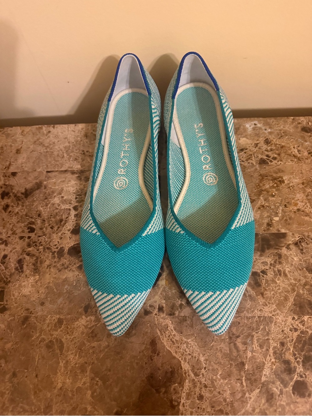 Rothy's Teal and White Pointed navy trim Knit Flats